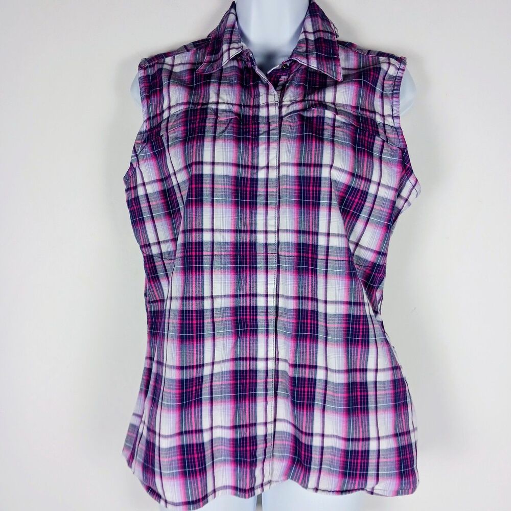 Dakini Plaid Boyfriend Shirt Womens Small Purple Stretch Hidden Pocket Vented